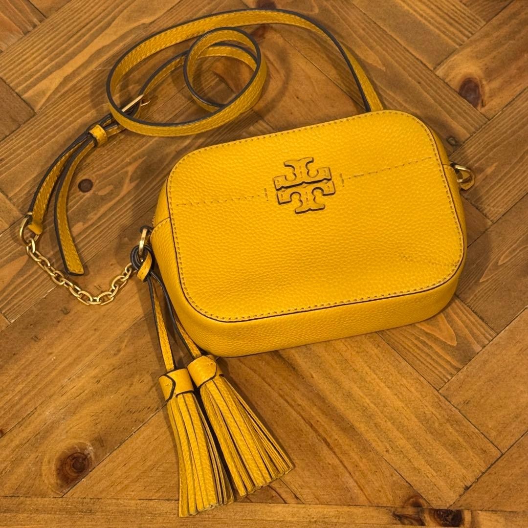 Tory Burch Yellow Leather Tassel Box Bag with Logo Authentic 