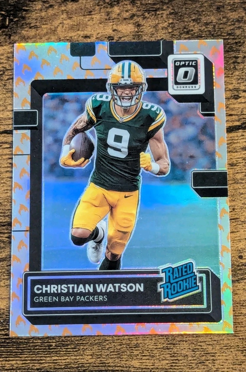 2022 Donruss Optic CHRISTIAN WATSON Rated Rookie Fire Emoji SSP RC #219 Packers