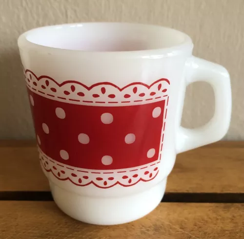 Vintage Fire King Anchor Hocking Red Polka Dots Lace Milk Glass Coffee Cup Mug