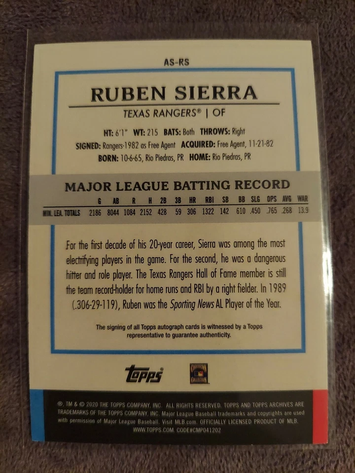 2020 Topps Archives Snapshots Ruben Sierra Texas Rangers Base Auto #AS-RS - Image 2 of 2
