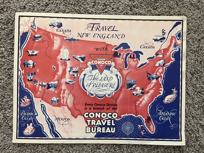 Vintage 1930s Conoco Travel Bureau New England Mass Conn Rhode Island 3 Fold Map