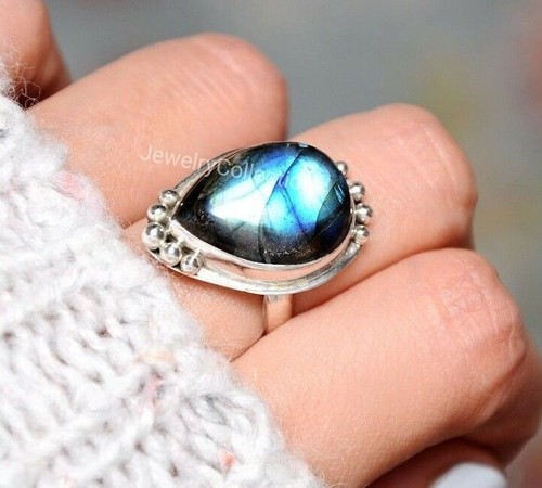 Bague Labradorite Bleue 32 Carats Argent Massif Taille 58 - Pierre Naturelle De Madagascar