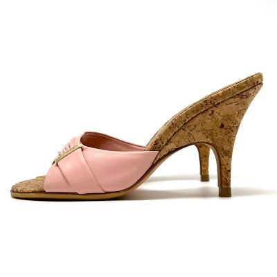CHANEL Vintage Logo Cork Sandals Heels #37 US6.5 Pink Gold Leather