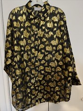 Vntge Womens XL Top 90s Sheer Black Metallic Gold Floral Holiday Maximalist Maur