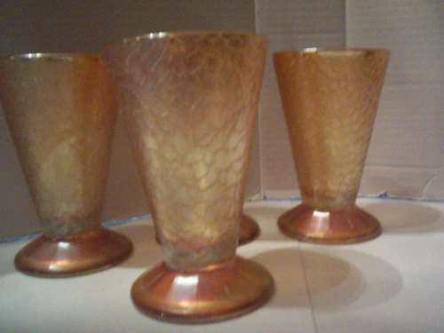 Vtg. (4) Jeanette Iridescent Crackle Ftd. Glass Tumblers + Candy Dish NM