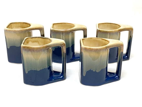 Vintage Signed Rodolfo Padilla Blue Stoneware Drip Glaze Coffee Cups 5 Unused