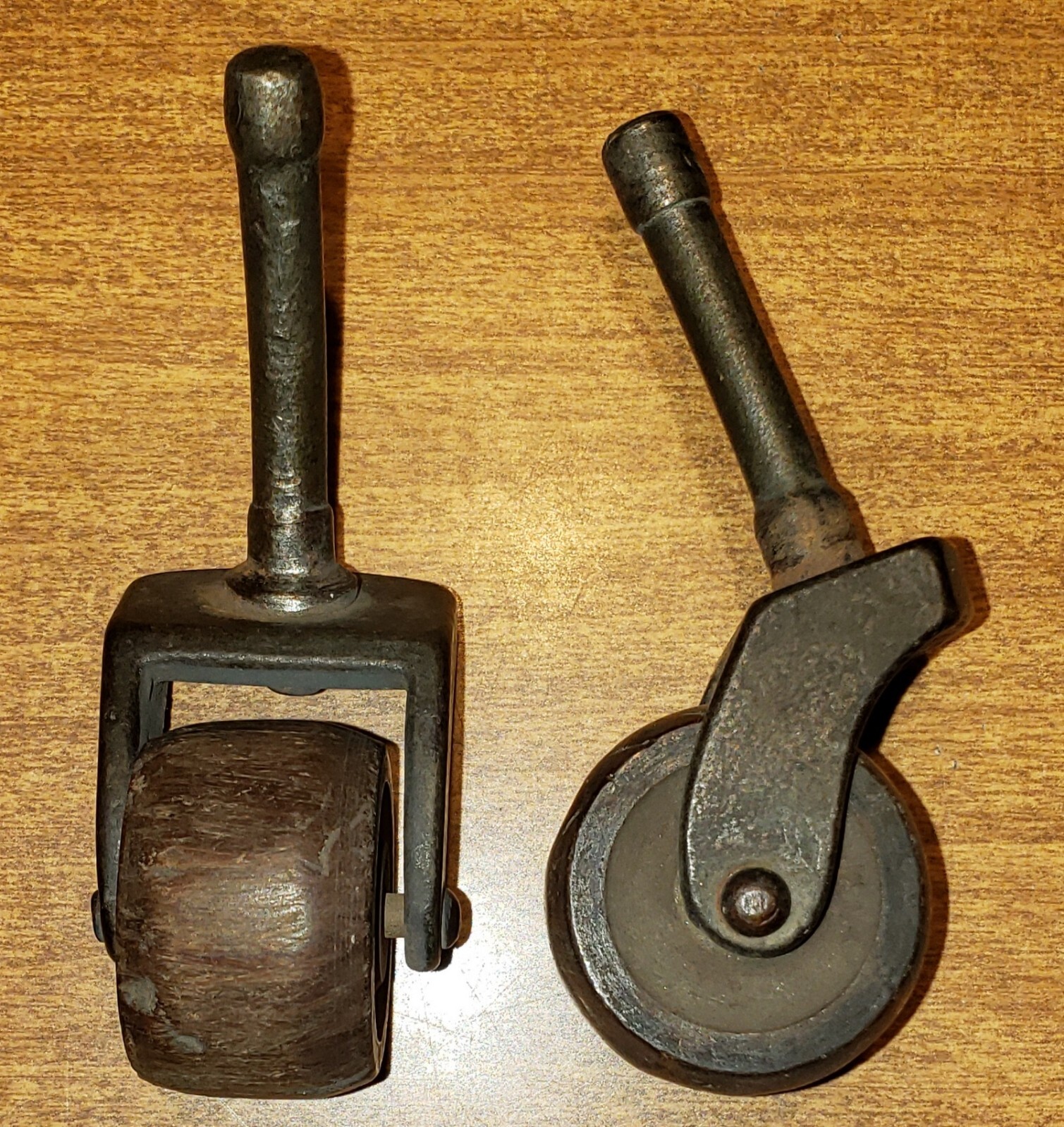 2 ANTIQUE Wheels Vintage Wooden & Brass Caster Wheels Industrial OLD