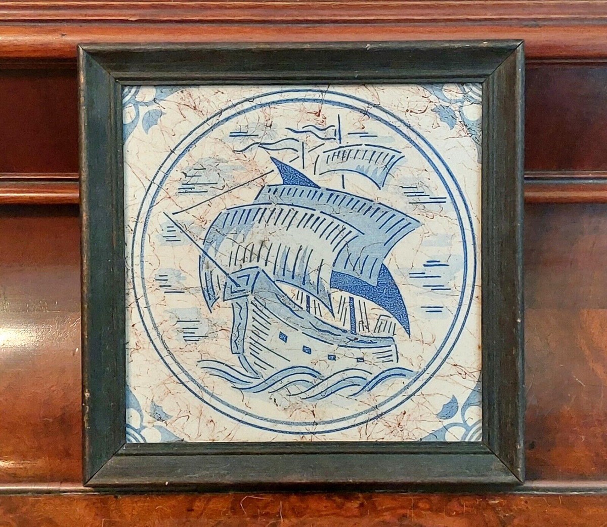 OLD DUTCH WALL CERAMIC TILE SHIP MOTIVE FRAMED NEDERLANDS