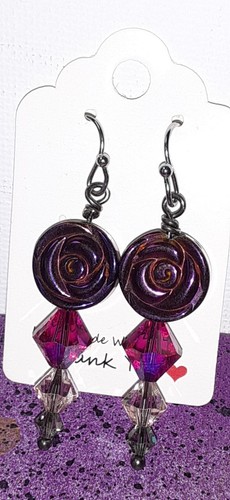 Hand-crafted S. Steel ROSE CERAMIC/Swarovski PINK OMBRE CRYSTAL earrings - Picture 2 of 4
