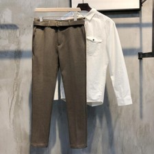 Men Faux Wool Suit Dress Pants Business Formal Belts Slim Fit No Iron Plain