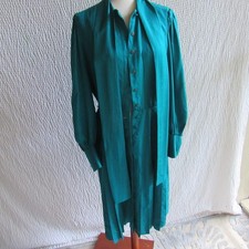 100% Silk Dress M 10 Blue Emboss Paisley Print Drop Pleat Waist Tie Designer Vtg