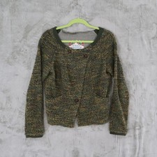 Free People Boucle Knit Button Front Cardigan Women M Green Wool Boho Textured