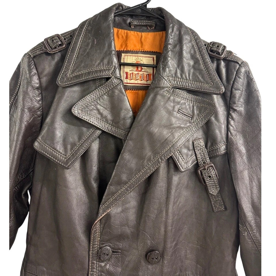 Vintage Baracuta Trench Coat Mens 40 Brown Leather Double Breasted Buckle Duster - Image 3 of 4