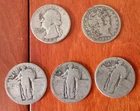 Silver Quarters Mixed Lot of 5 ~3 Standing Liberty, 1896 Barber, 1938 Washington