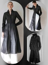 Black Sexy & Soft Organza Button Down Long Sleeve Pleated Design Maxi Blouse M