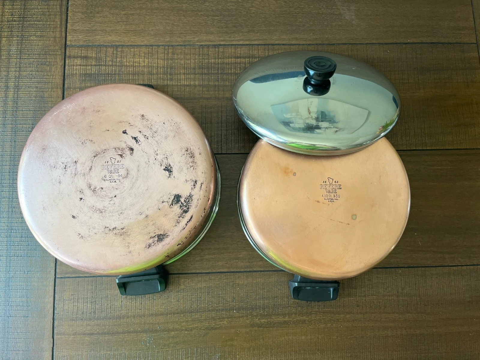 Revere Ware 1801 Copper Bottom Stock Pot Set 4.5 Qt and 6 Qt with Lid USA VTG