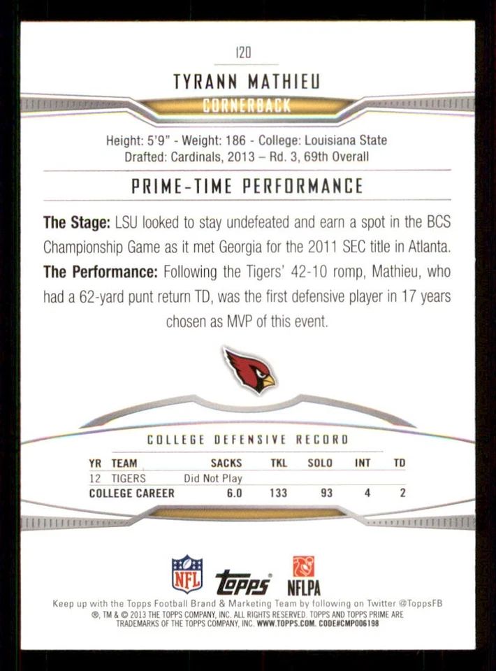 2013 Topps Prime #120 Tyrann Mathieu RC - Image 2 of 2