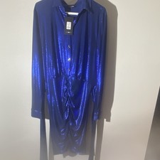 Fashion Nova Blue Metallic Ruched Button-Down Collared Mini Shirt Dress 1X