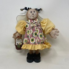 Vintage Primitive Bumble Bee Doll Sunflower Dress Woven Flower Basket Folk Art