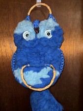 1970s Mid Century Vintage Macrame Ceramic Owl Towel Holder Blue Retro Groovy