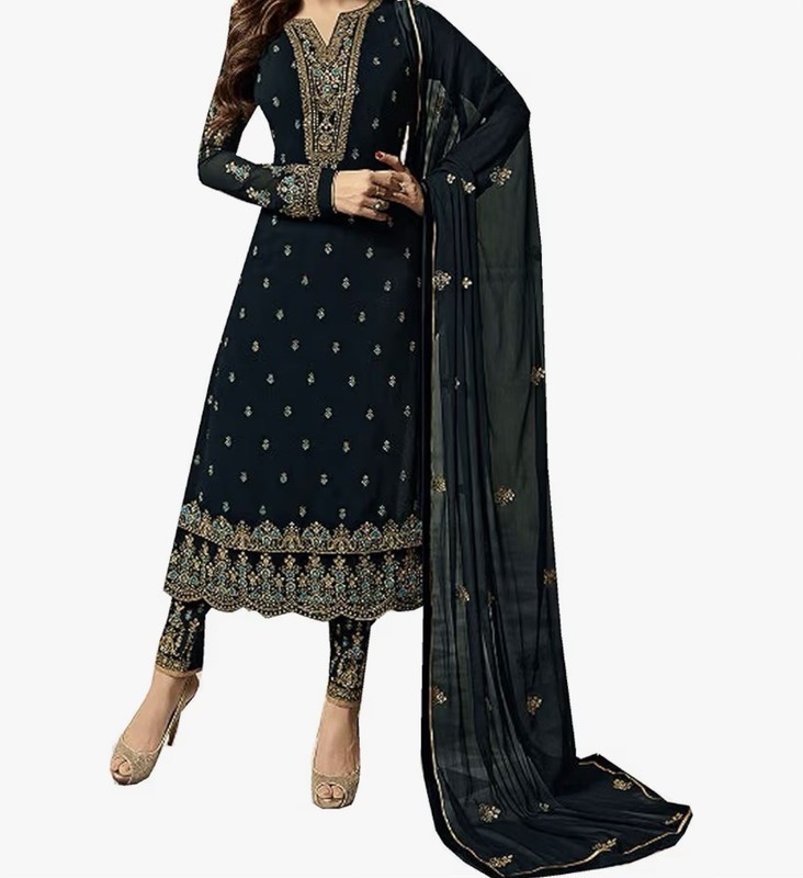 Women's Blue Chiffon Pakistani Embroidered Salwar Kameez Set Size M