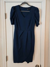 New York & Company NY&C XS Ruche-Sleeve Tulip-Hem Sheath Dress Magic Crepe Blue