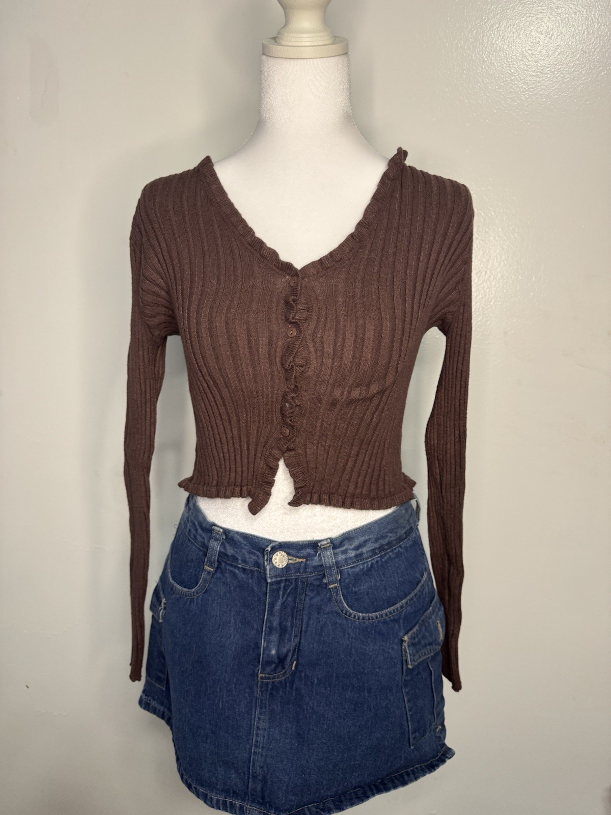 Active USA Brown Ribbed Button Down Cardigan Stre… - image 1