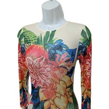 Fashion Nova Floral Sheer Mesh Bodysuit Womens S Long Sleeve Whimiscal Tropical