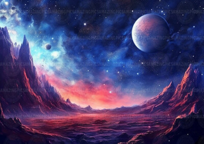 Bunter Alien Landschaft Kunstdruck, Sci-Fi Planet Gelände Cosmic Fantasy A42