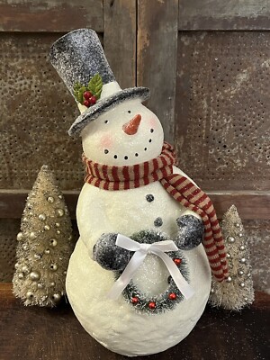 16'' LG Paper Mache Frosty Snowman Vintage Style Mica Snow Bottle Brush Wreath