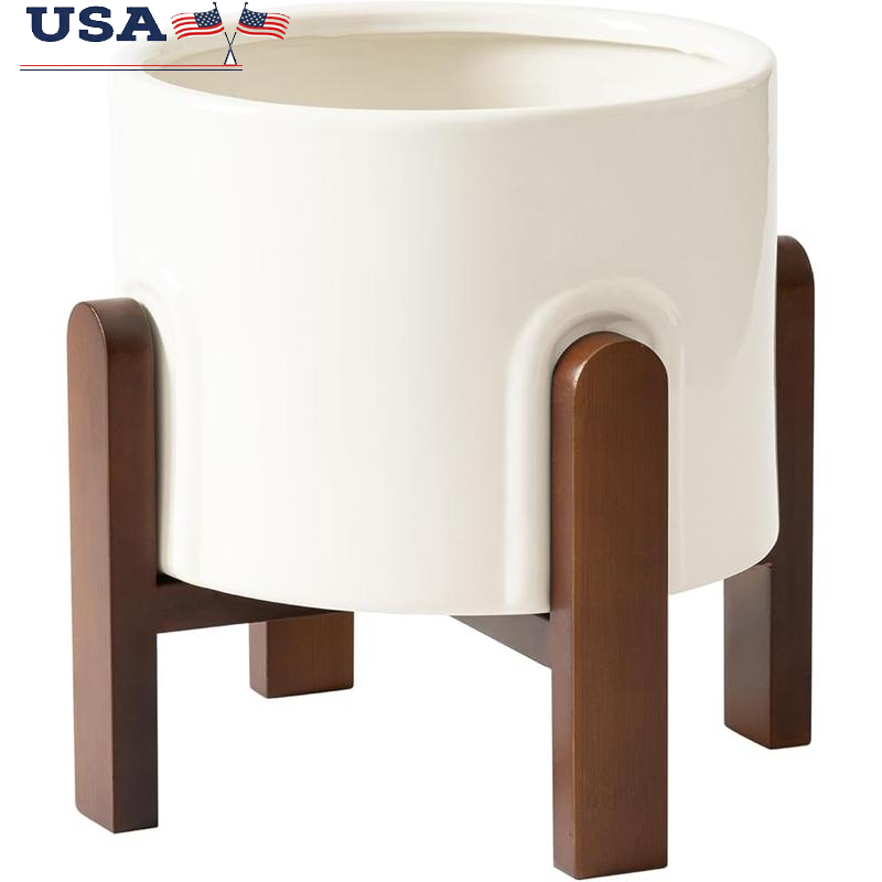 Modern Ceramic Planter with Wood Stand and Drainage Hole for Indoor Plants
