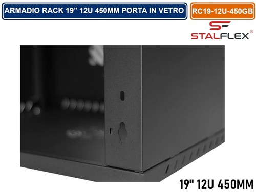ARMADIO RACK 19" 12U 450MM A PARETE NERO RAL-9005 SPORTELLO IN VETRO REVERSIBILE - Foto 4 di 5