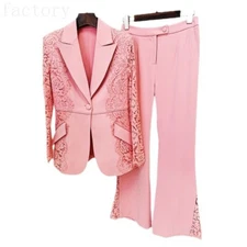 Womens Newlace Splicing Slim Fit One-button Suits Horn Trousers 2 Pcs Suits