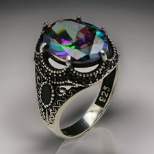 Mystic Topaz Men's Ring Solid 925 Sterling Silver Turkish Jewelry All Size