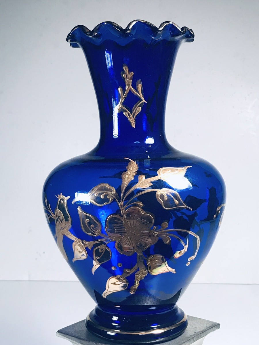工芸品 BLUE ORIGINAL PERSIAN GLASS HAND MADE Hand painted dark blue gold gilded moriage Iranian glass
