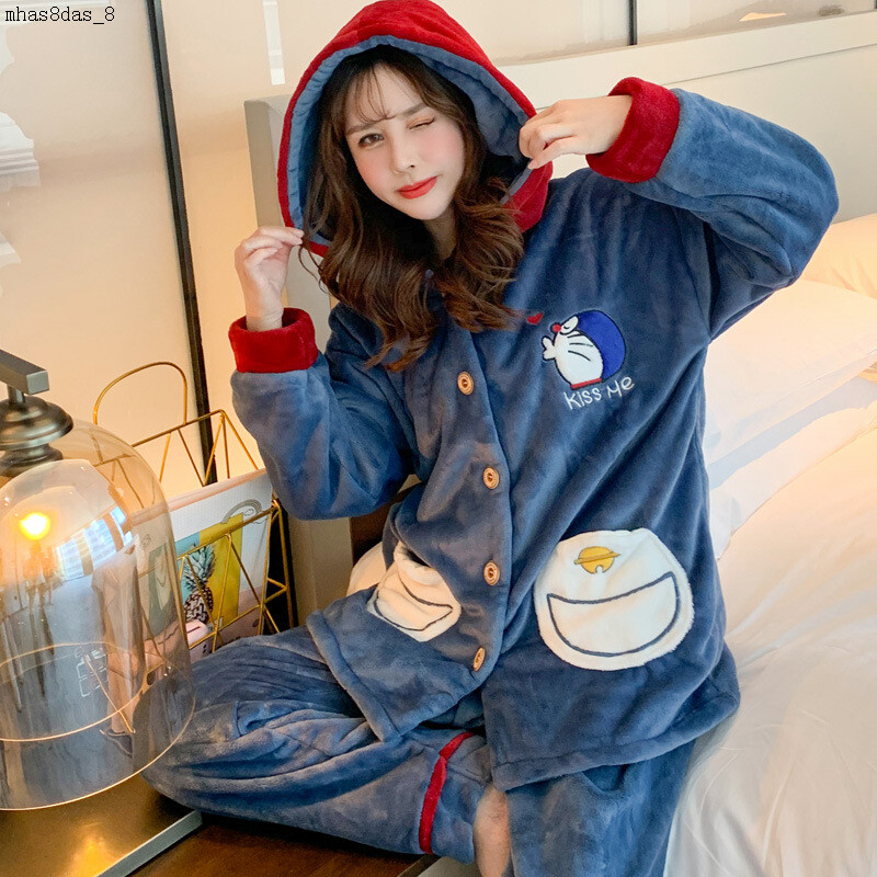 Cartoon Doraemon Pajamas Set Women Winter Coral Fleece Hooded Sleepwear  Homewear | eBay