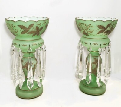 Pair of Mantle Lusters. Chartreuse green. Unique prisms. 14'' tall. No Chips.