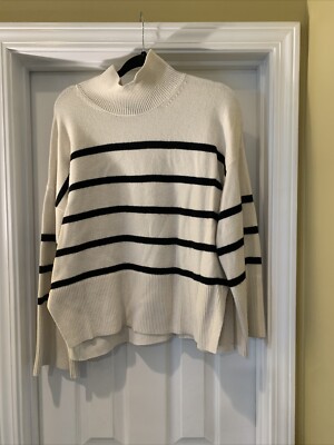 Banana Republic Women's L Cream Black Mariner Stripe Merino Sweater Flare Sleeve