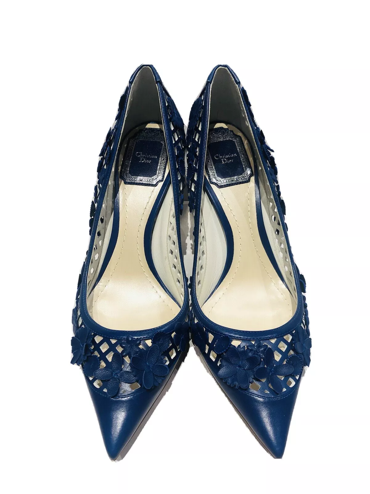 Chaussures DIOR Floral Day bleu appliqué cuir fleur talons perforés