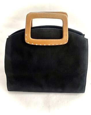 DKNY Black Canvas Tote Bag Purse Handbag Wood Handle Top Stitching Medium Sz