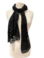 Black Floral Pattern Sheer Scarf Wrap 100% Polyester Made In Korea