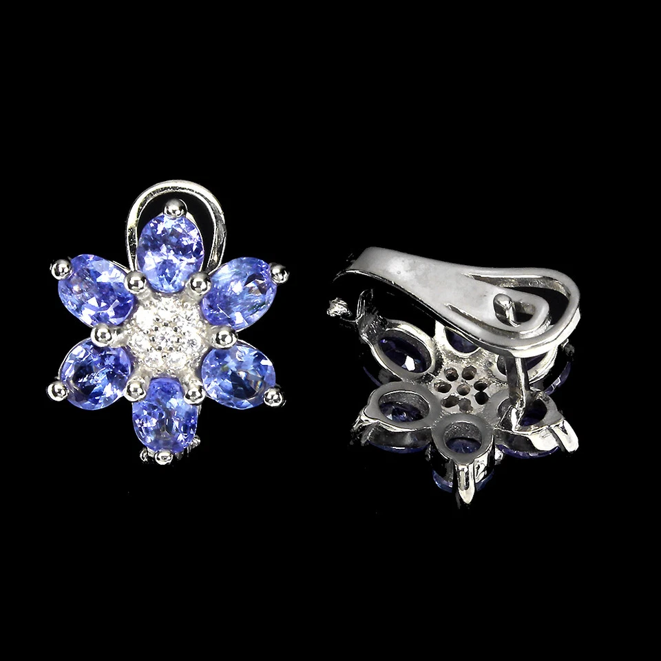 925 Argento Sterling Ovale Tanzanite 5x4mm Finto Zirconia Cubica Fiore Orecchini - Immagine 3 di 4