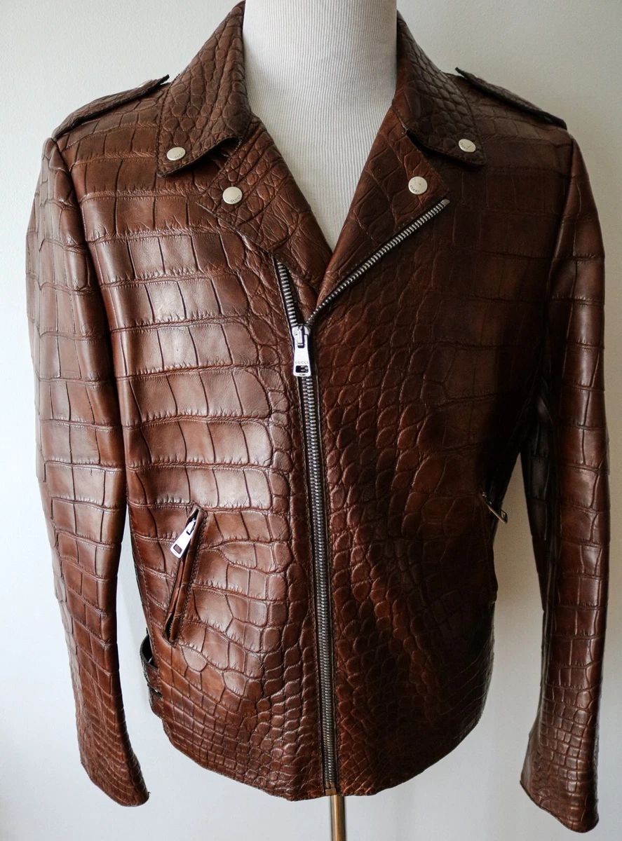 GUCCI Alligator Crocodile Leather Biker Jacket Coat Size 54 Euro Large - XL