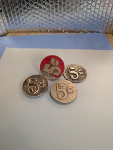 Vintage Mills Slot Machine Large 5¢ Denomination Badges - Lot of 4