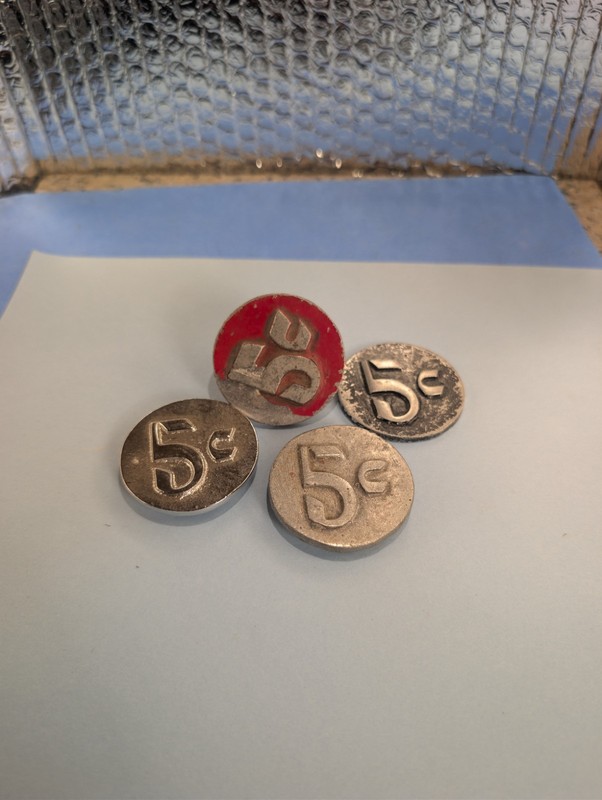 Vintage Mills Slot Machine Large 5¢ Denomination Badges - Lot of 4