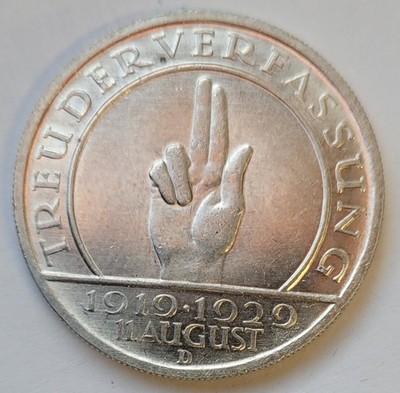 5 RM Weimar Republic 1929 D Constitution Oath Hand Silver