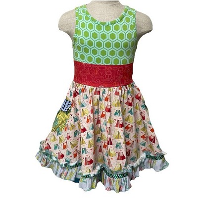 Matilda Jane Dress Mixed Print Camping Tent Ruffle Girls Sz 4 Wonderful Parade