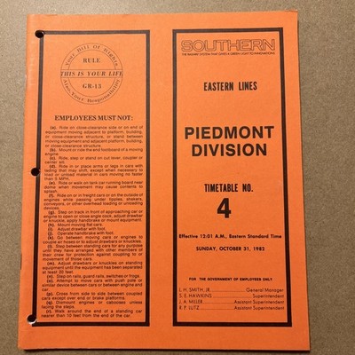Southern Railway System Timetable #4 Piedmont Division 1982 Eastern Lines