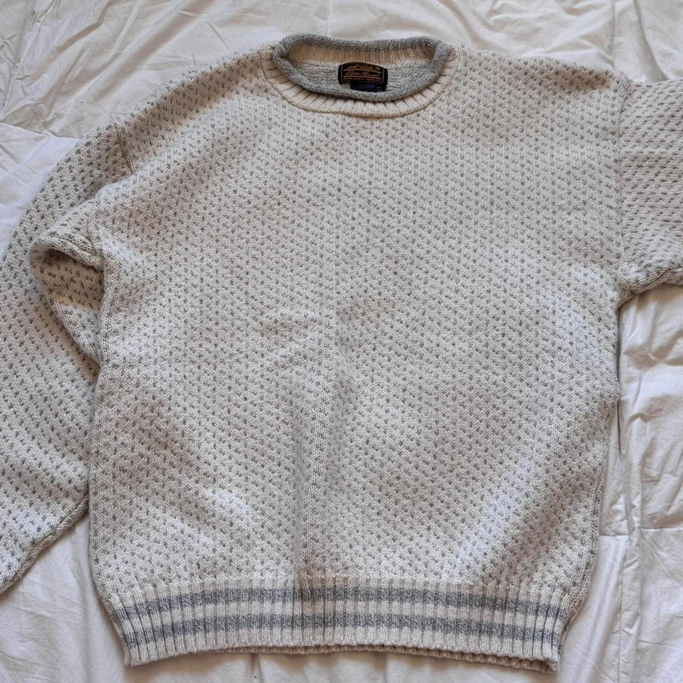 Vintage 90s cozy knit sweater L birds eye striped crew grandpa preppy academia - Image 4 of 4