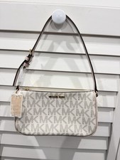 Michael Kors Beige Logo Shoulder Bag Gold Hardware Zip Closure Designer